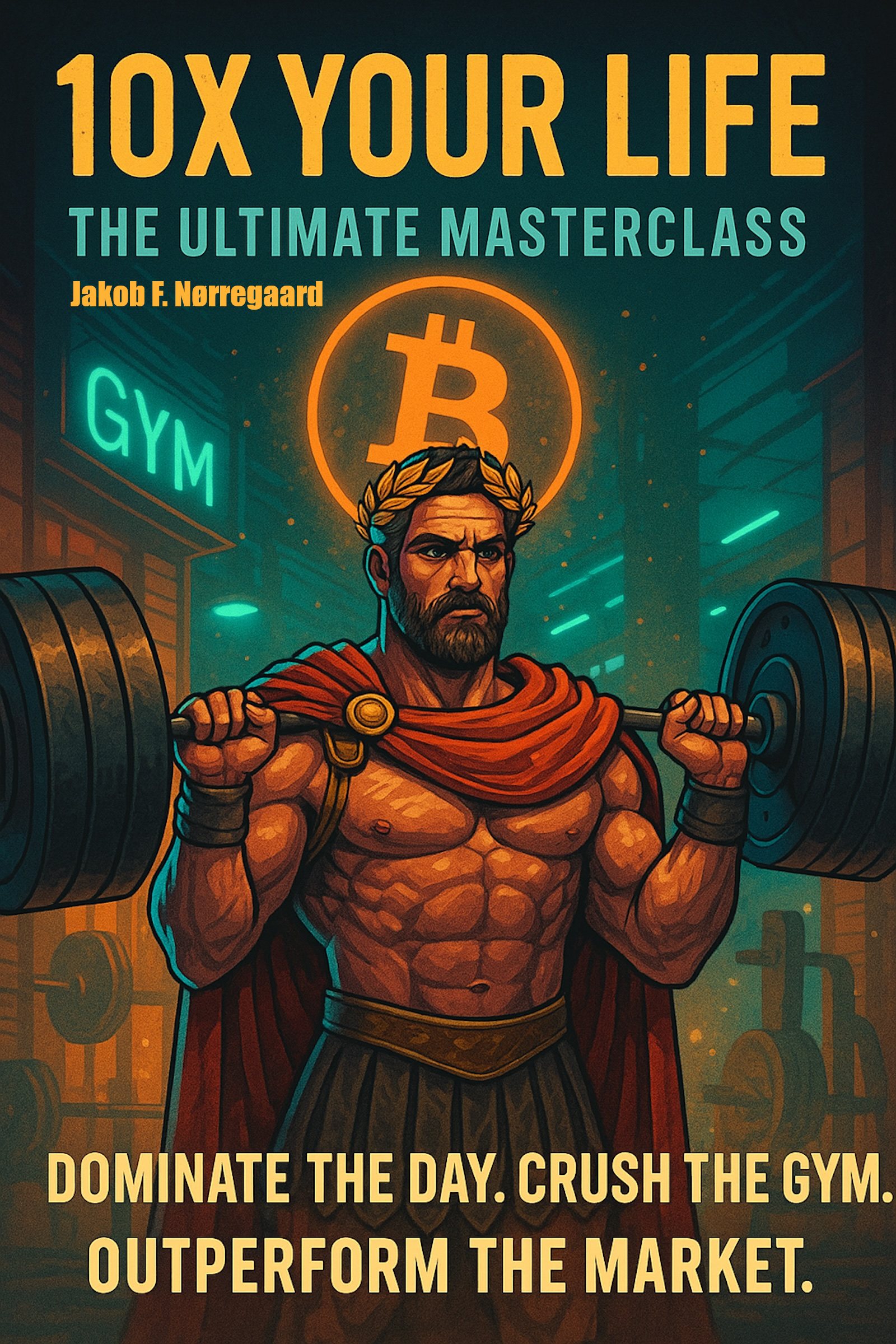 Cover of 10X Your Life showing a Roman-styled lifter under a Bitcoin halo